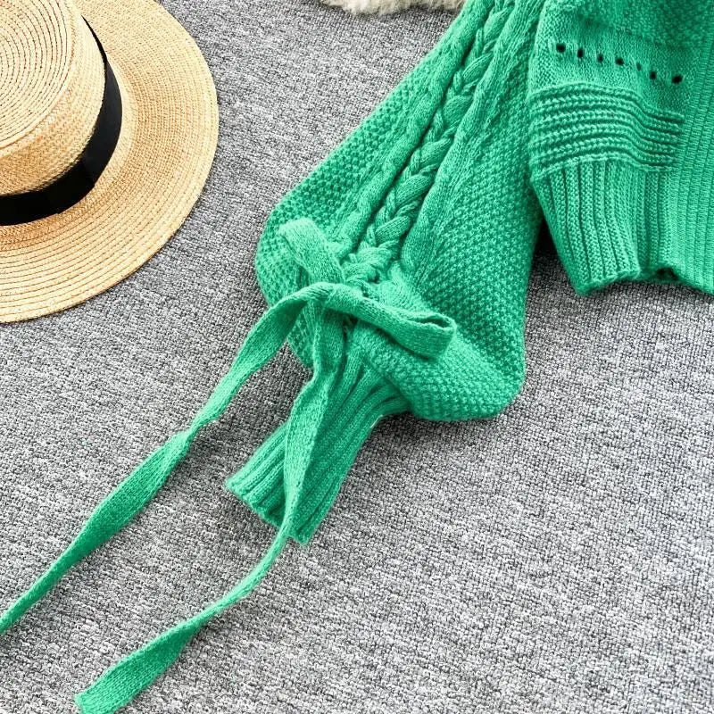 Green Casual Acrylic Knit V-Neck Lantern Long Sleeve Lace Up Women's Cardigan
