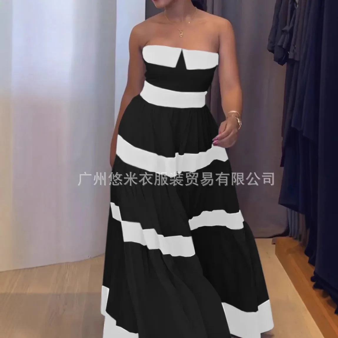 Women Fashion New Elegant Long Dress Patchwork Bowknot Strapless Sleeveless Backless High Waist Stripes Long Dress Party Female