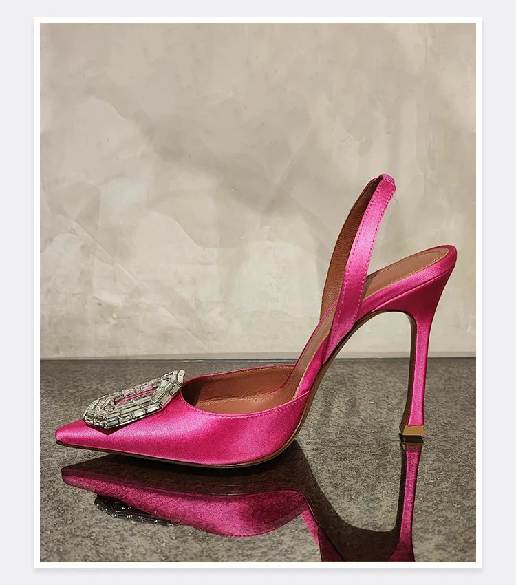 Oval Rhinestone Buckle Toe Sandals Pointed Thin Heel Hollow Banquet High Heels