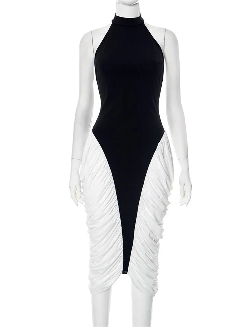 Patchwork Halter Backless Sexy Midi Dress Women Gown Elegant Fashion Contrast Color Sleeveless Pleated Long Dress
