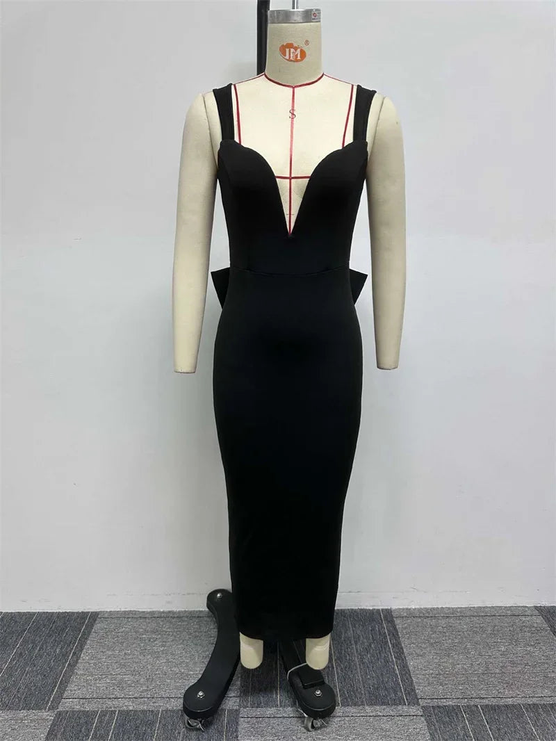 Sexy Plunging V-neck Backless Bowknot Ruffles Bodycon Midi Dresses for Women Party Night Elegant Club Celebrity Prom Dress