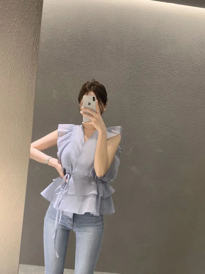Lace Up Top Ruffled V-neck Sleeveless Shirts Blouse for Women