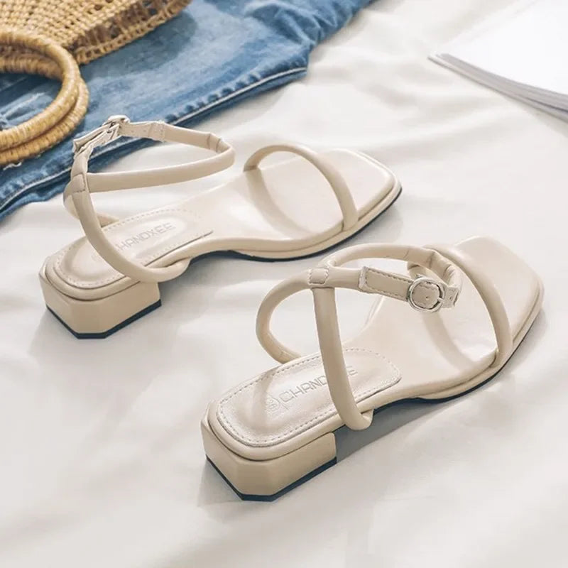 Women Buckle Mid-Calf Strap Med Block Heels Luxury Peep Girls Beige Medium Chunky Sandals
