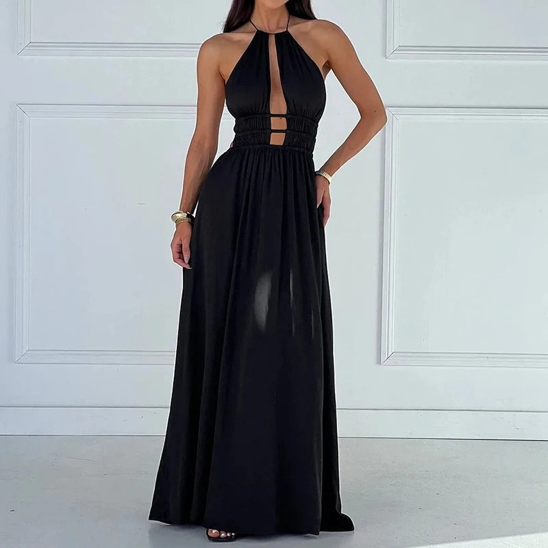Halter High Waist Holiday Maxi Dress Simple Solid Pleated Long Dress Beach Dresses