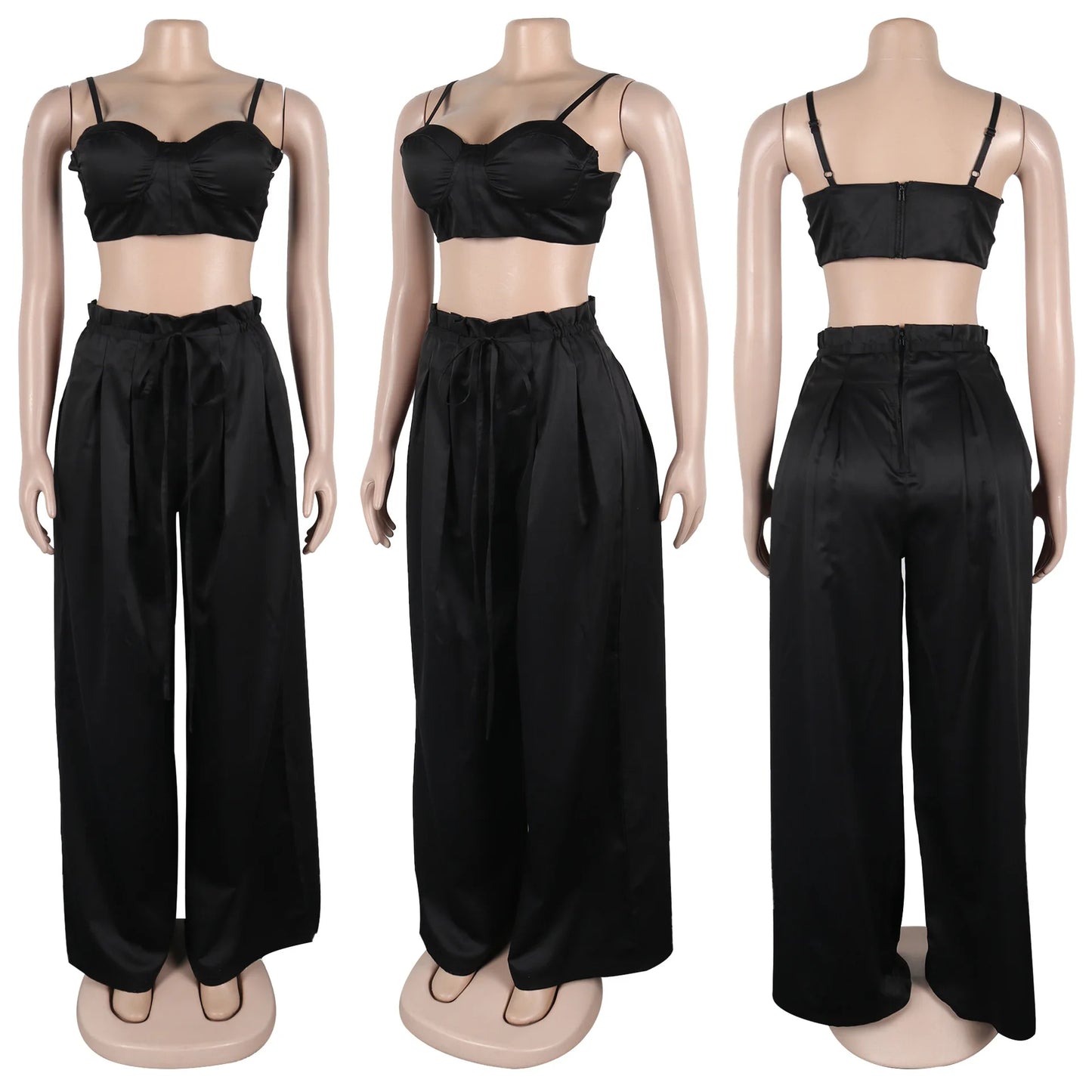Sexy Zip Crop Camisole and High Waisted Drawstring Wide Leg Trousers 2 Piece Women Pants Suit Streetwear