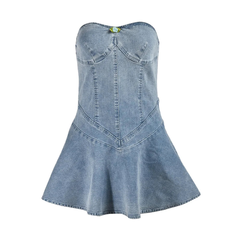 Women Stretch Denim Washed Wrap Backless Ruffle Dress