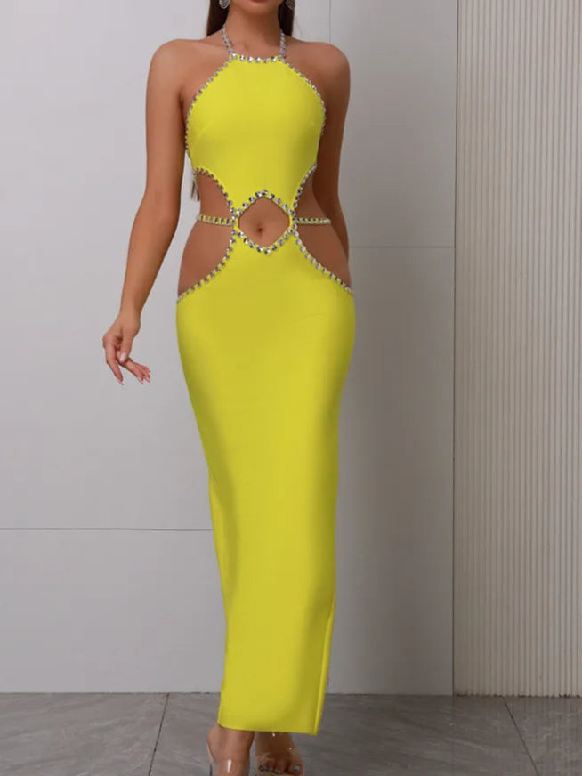 Sexy Backless Halter Beading Maxi Long Lemon Bandage Dress Cocktail Dress