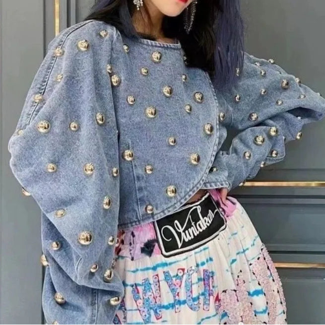 Women Rivets Long Lantern Sleeve Denim Coat Short Pearls Top Bomber Jacket Cowboy Jacket