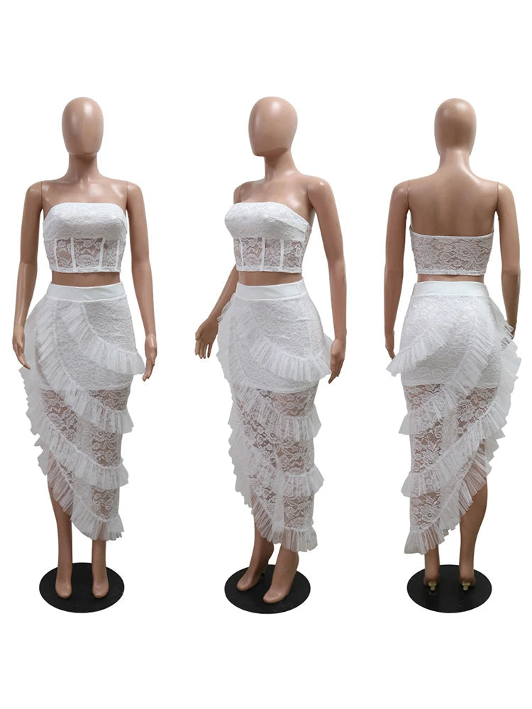 Two 2 Piece Sets for Women White Lace See Through Sleeveless Strapless Top and Ruffles Long Skirt Set