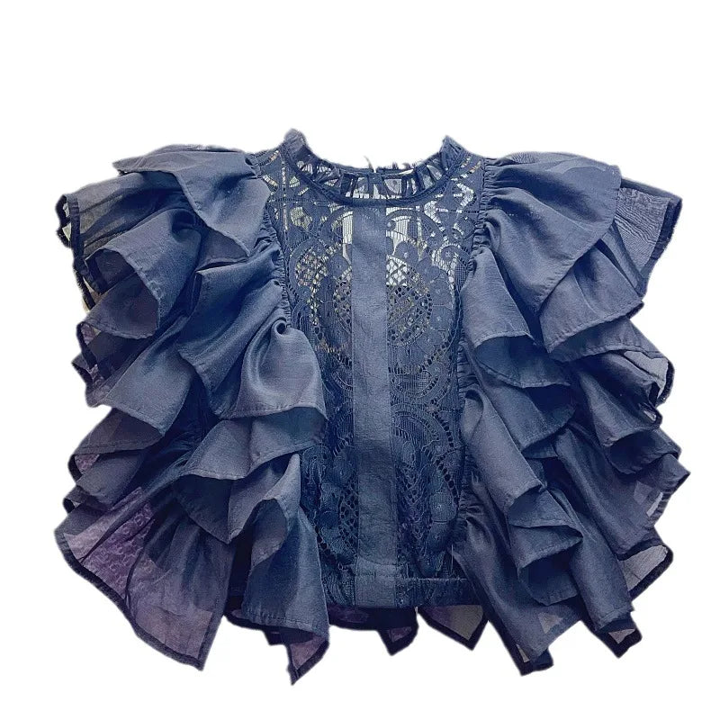 Women Blouse Shirts Stand Collar Y2k Tops Ruffles Lace Sexy Blouses