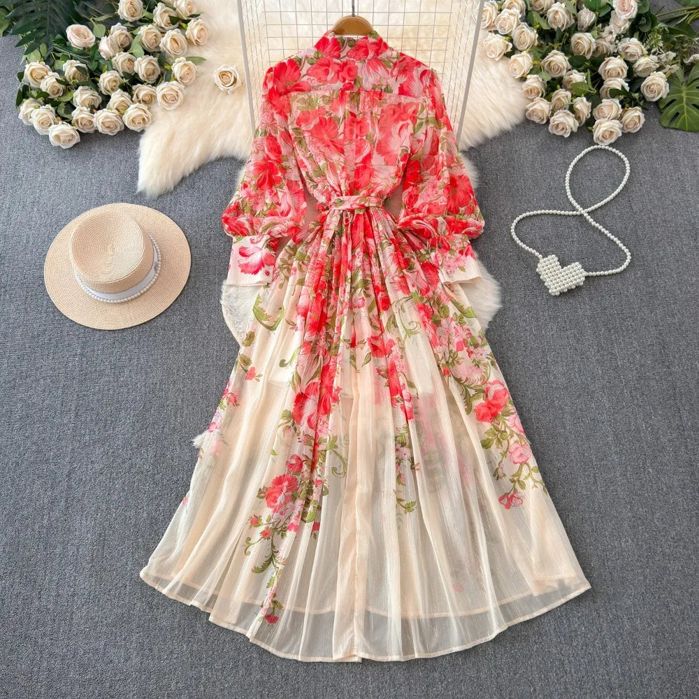 French Style Midi Dress Femme Robe Stand Collar Lantern Sleeve Slim Fit High Waist Dress