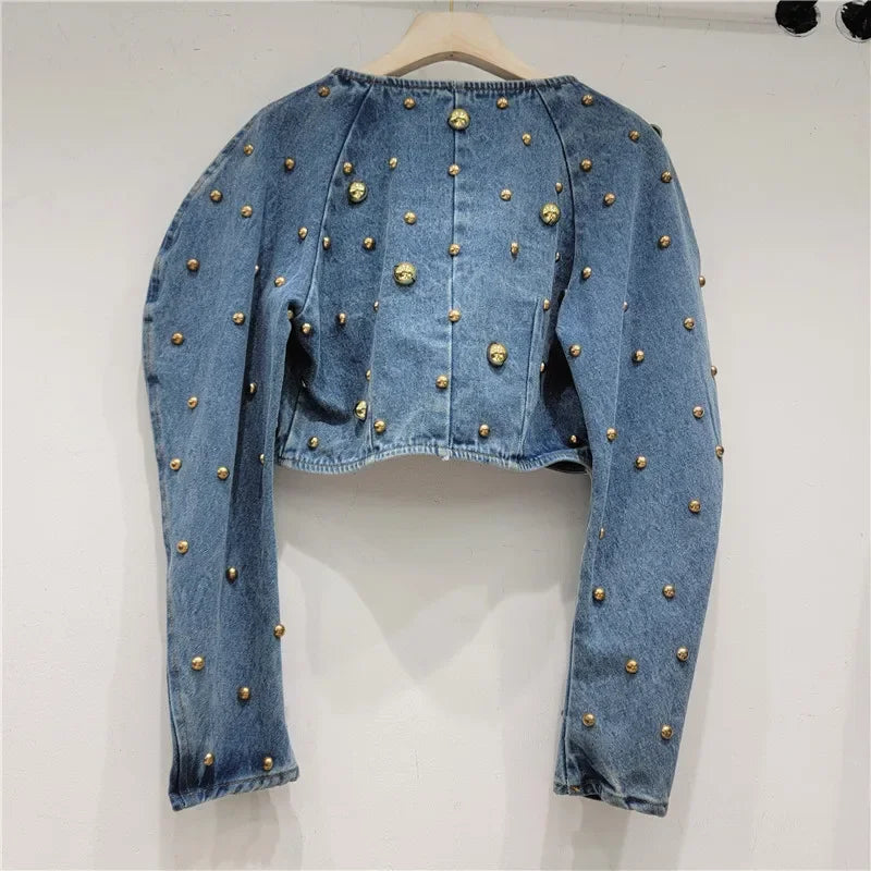 Women Rivets Long Lantern Sleeve Denim Coat Short Pearls Top Bomber Jacket Cowboy Jacket