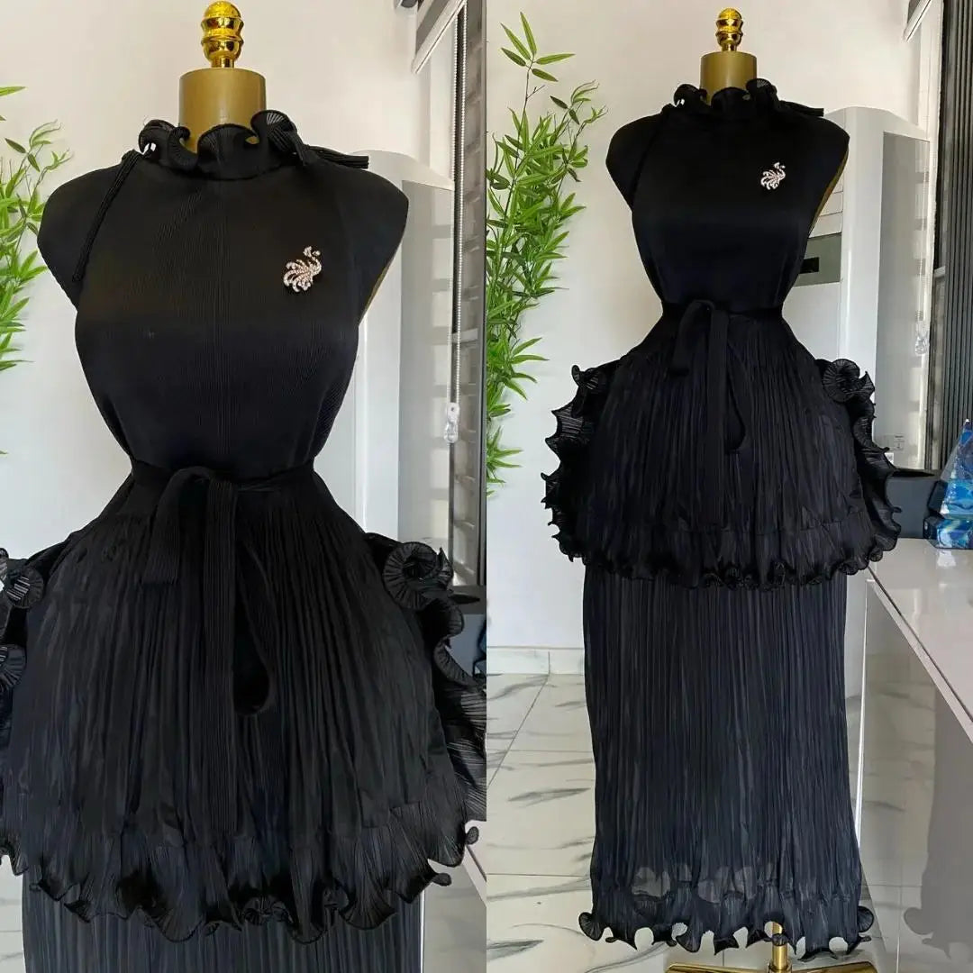 Pleated Dress Women's Solid Sleeveless Ruffles Lace Wedding Guest Dress Cocktail Dress