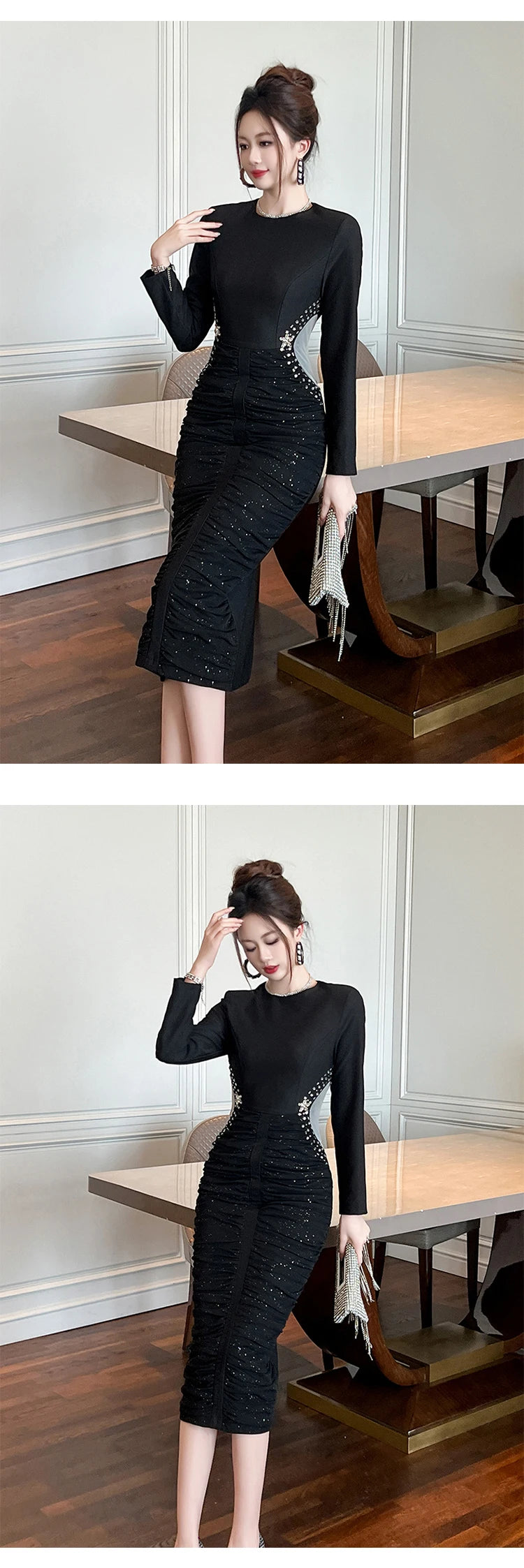 French Elegant Formal Shiny Rhinestone Folds Bodycon Midi Dress