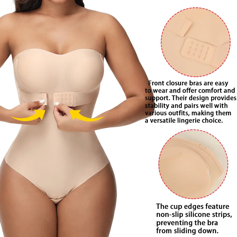 Removable Strap Women Tummy Control Shapewear Thong Front Closure Butt Lifter Removable Strap Padded Full Body Shaper
