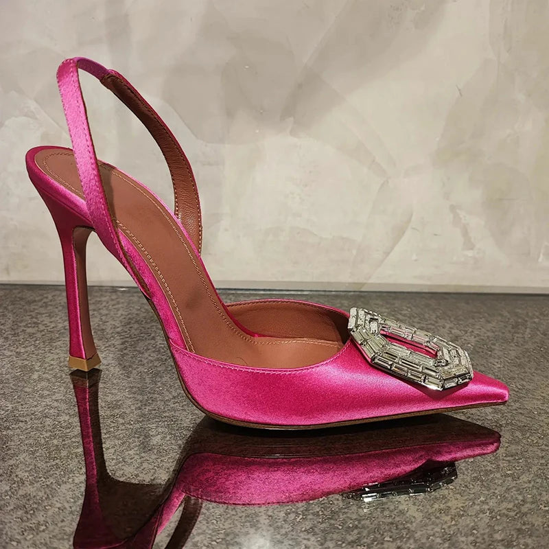 Oval Rhinestone Buckle Toe Sandals Pointed Thin Heel Hollow Banquet High Heels