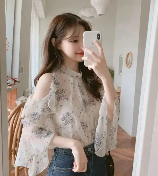 Floral Chiffon Shirts & Blouses For Women Off Shoulder Woman Top