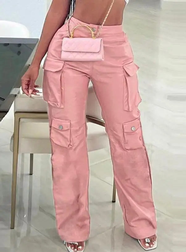 Pink Cargo Pants for Women 2024 Spring Straight Leg Solid Multi-Pocket Pants