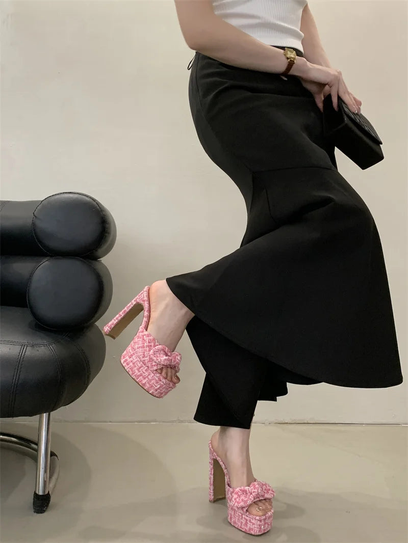 Pink Cloth Bowknot Designer Sandal Square Toe Super High Heels Platform Slippers for Women