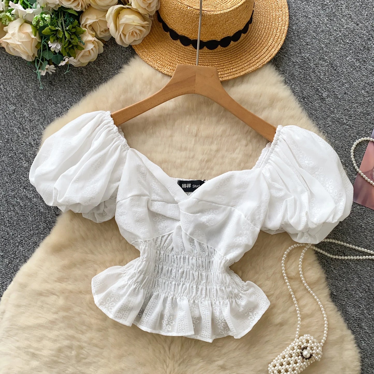 Jacquard Blouse Square Collar Puff Sleeves Elastic Slim Crop