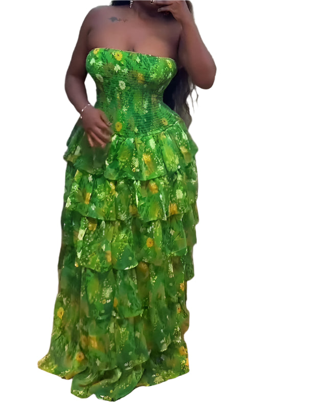 Women's Beach Maxi Dress Sexy Bustier Waist Tie Flounce Hem Tiered Maxi Dress