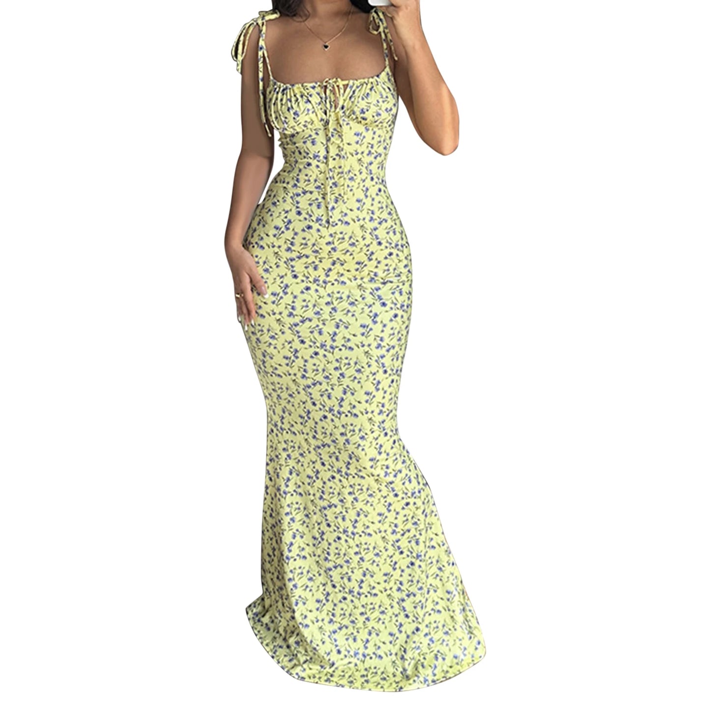 Women Elegant Floral Print Spaghetti Strap Dress with Drawstring Waist