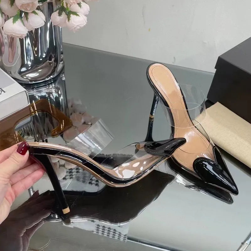 Transparent PVC Mixed-color Women Pumps Elegant Pointed toe Thin High heels Slingbacks Mules Party Prom Shoes