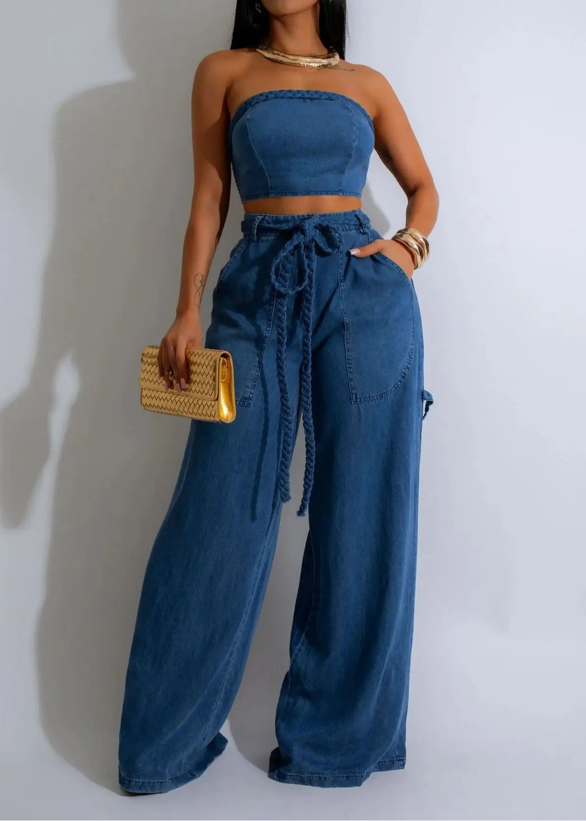 Denim Women's Set Strapless Crop Top and Wide Leg Jeans Pants Two 2 Piece Sets Outfit