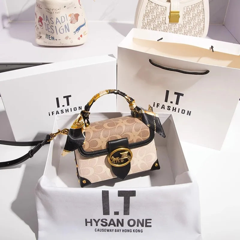 contrasting color women's bag, high-end carriage crossbody bag, portable box bag