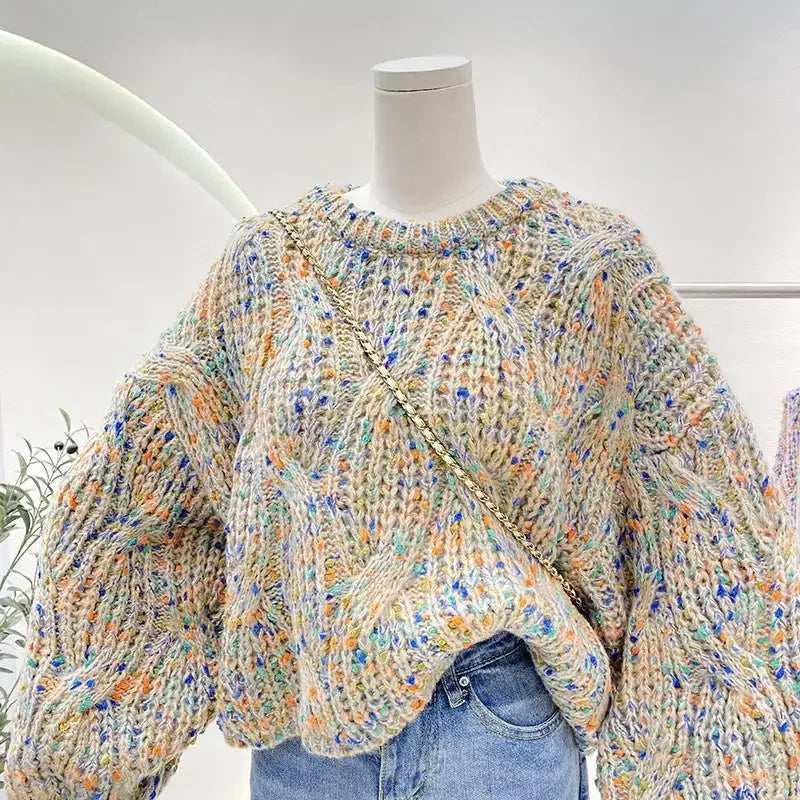Knit Colorful Loose Fit Lantern Sleeve Cropped Sweater For Women