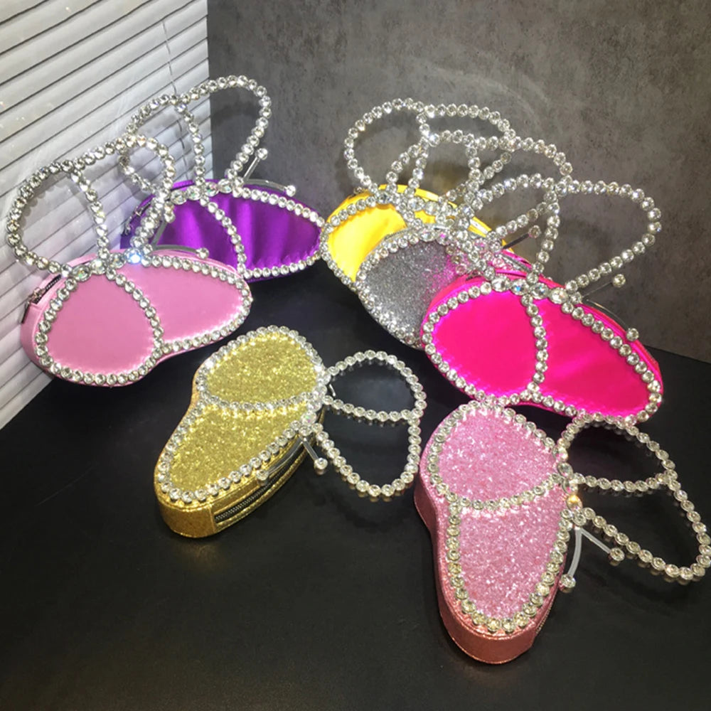 White Rhinestone Pink Butterfly Wedding Evening Clutches Party Prom Purse