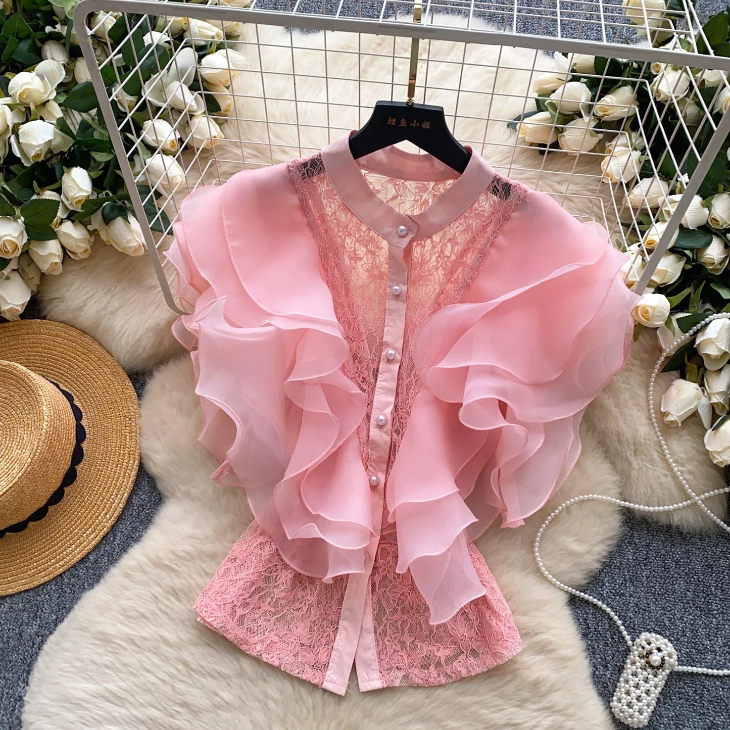 Ruffle Blouses Women French Style Single Breasted Lace Patchwork Shirt Summer Top