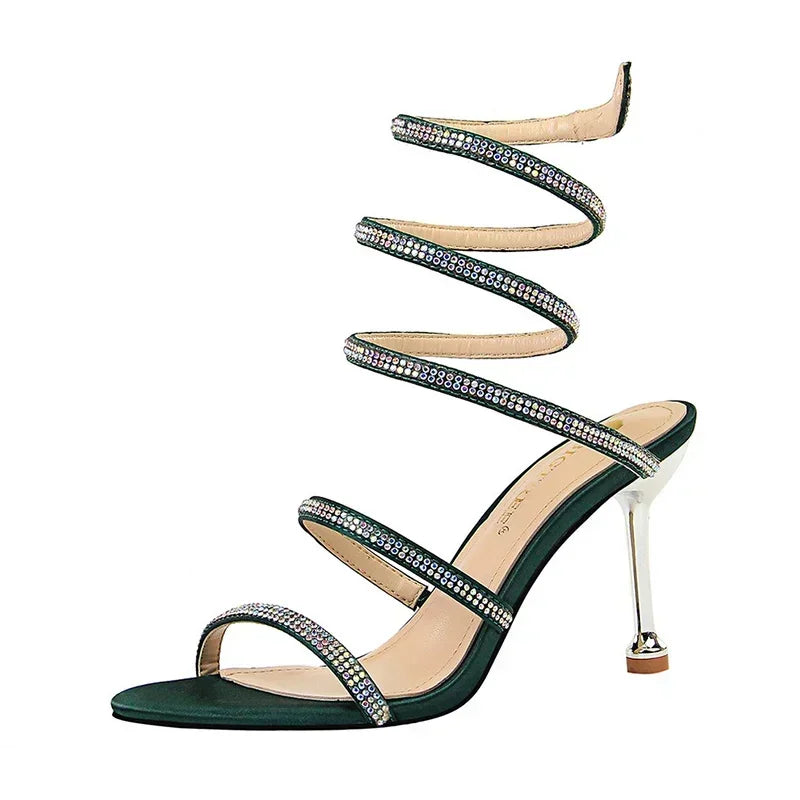 Women Luxury Party 8.5cm High Heels Summer Sexy Nightclub Sandals Female Red Green Ankle Strappy Roman Gladiator Crystal Sandles