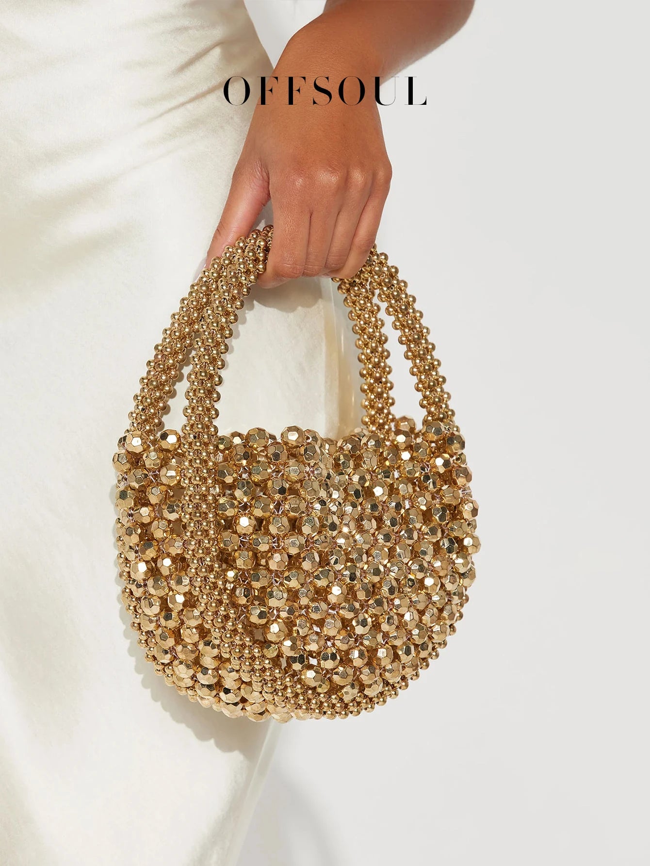 Hollow Hand-Made Metal Sense Gold Beads Woven Handbag Half-Round String Beads Pearl Bag