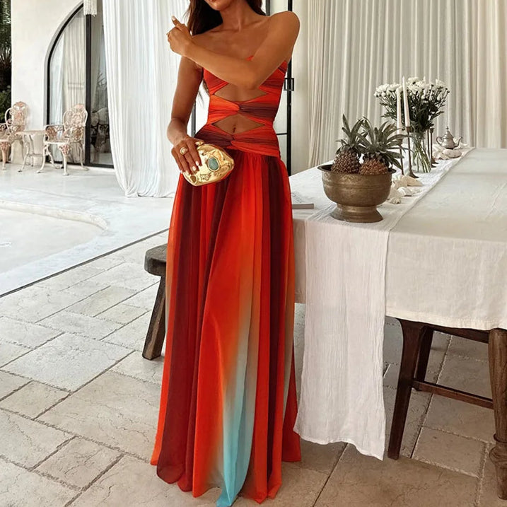Tie-dye Gradient Hollow Out Women's Maxi Dress Elegant Off Shoulder Long Dresses