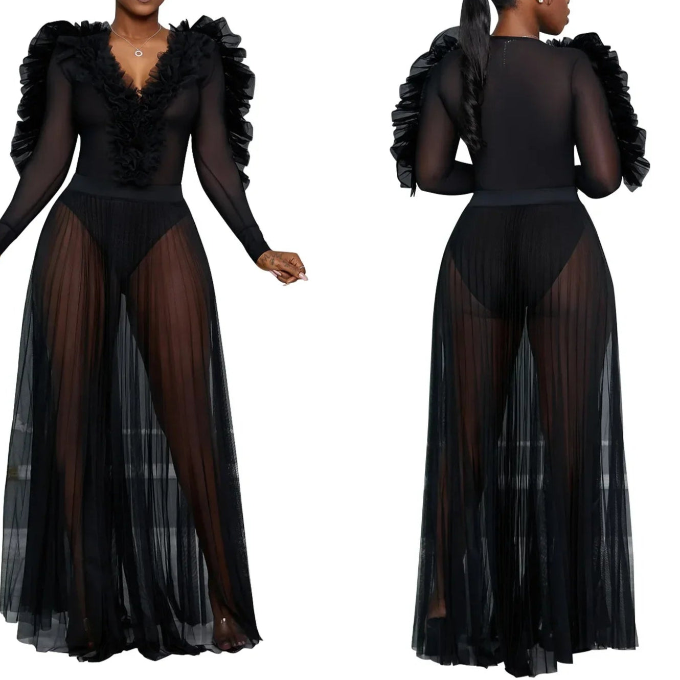 Women Selvedge Ruffles Full Sleeve V-neck Long Maxi Dress Birthday Mesh See Through Party Evening Dress