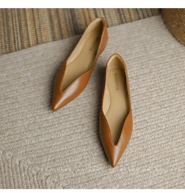 French Pointed Leather Shoe Simple Comfort Sheepskin Elegant Low Heel Shoes