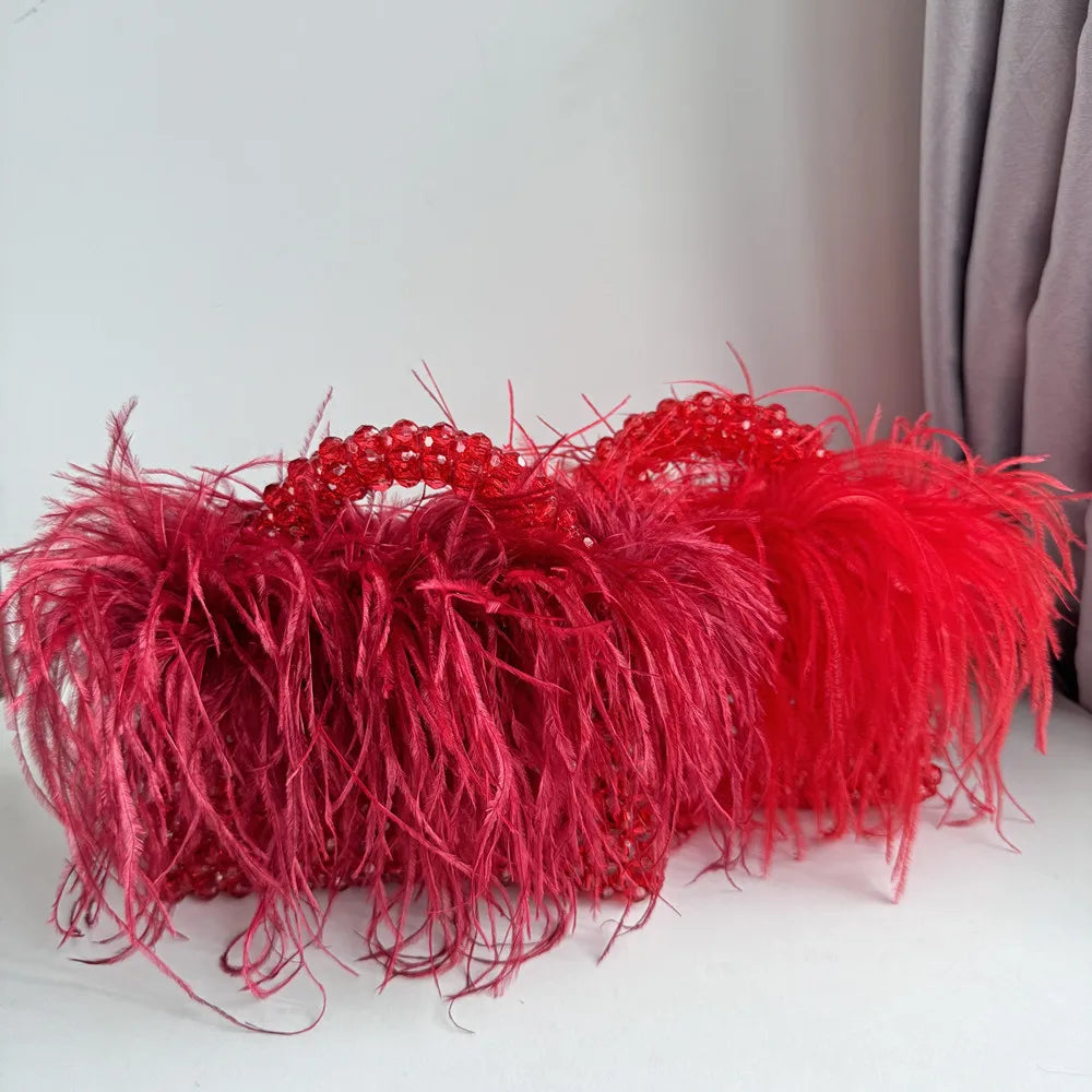 Pearl Bead Bag With Feather Fur Designer Brand Clear Acrylic Crystal Handbag Handmade