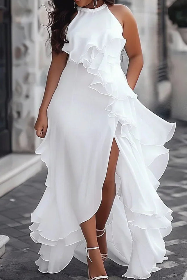 Wedding Bridesmaid White Dress Sleeveless Layered Ruffled Solid Dress