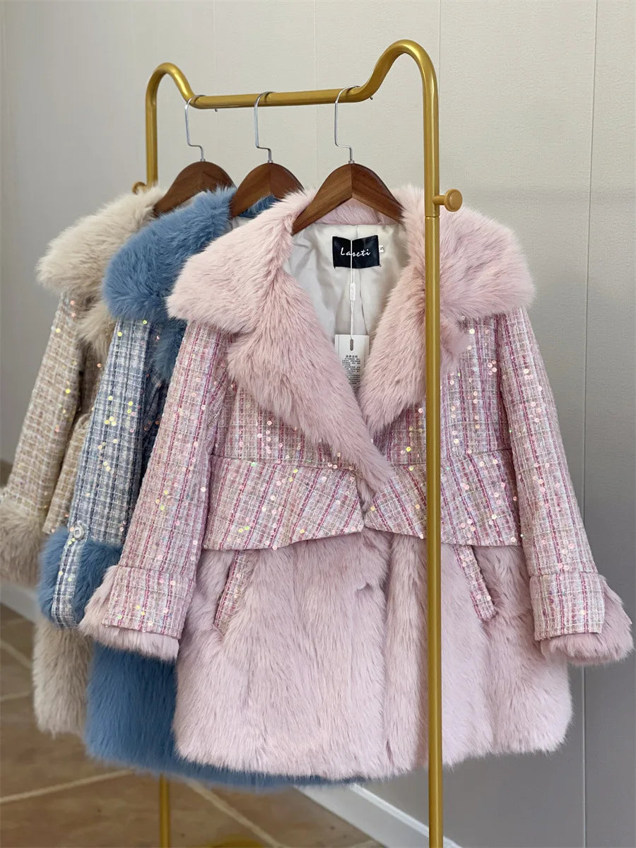 Winter Fur Coat Women Luxury Sequined Wool Faux Fur Long Jacket Fluffy Overcoat
