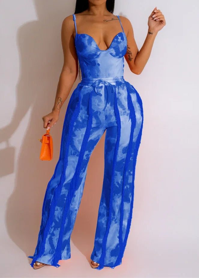 Tie Dye Printing Two Piece Set for Women Pant Sets Birthday Outfits Clubwear Bodysuit Top and Fringe Tassel Pants Matching Sets