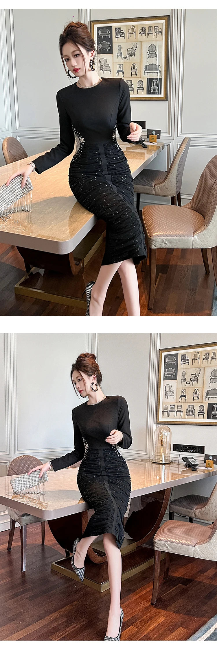 French Elegant Formal Shiny Rhinestone Folds Bodycon Midi Dress