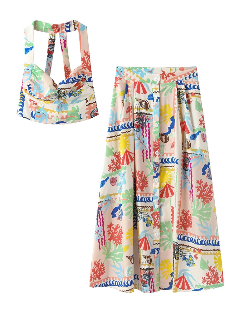 Colorful Printed Suspenders Skirt Set Women Patchwork Quilted High Waist Skirt Two Piece Summer