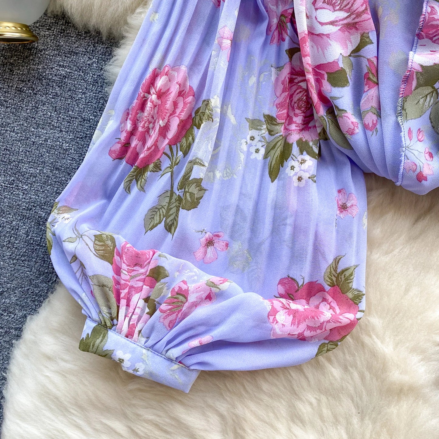 Floral Print Loose Shirt Women Lantern Sleeve V Neck Thin Causal Ruffle Blouse
