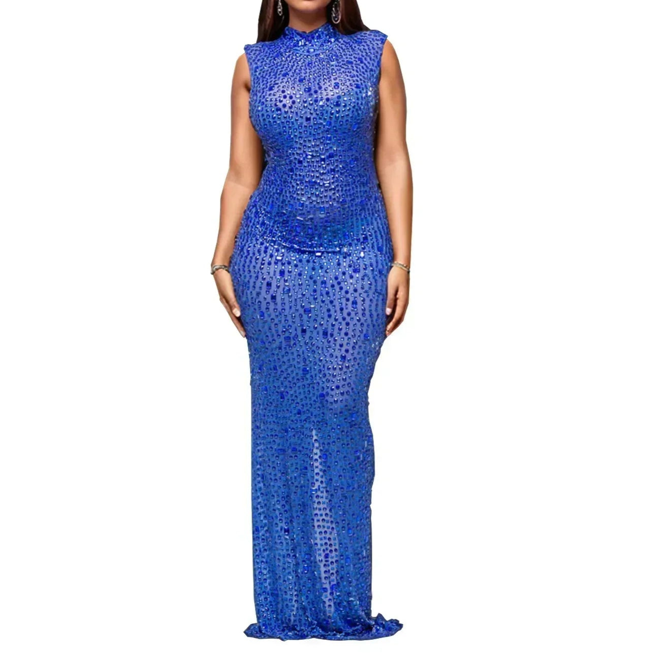 Cocktail Dress Diamonds Hot Rhinestones O-neck Women Sleeveless Bodycon Maxi Dress