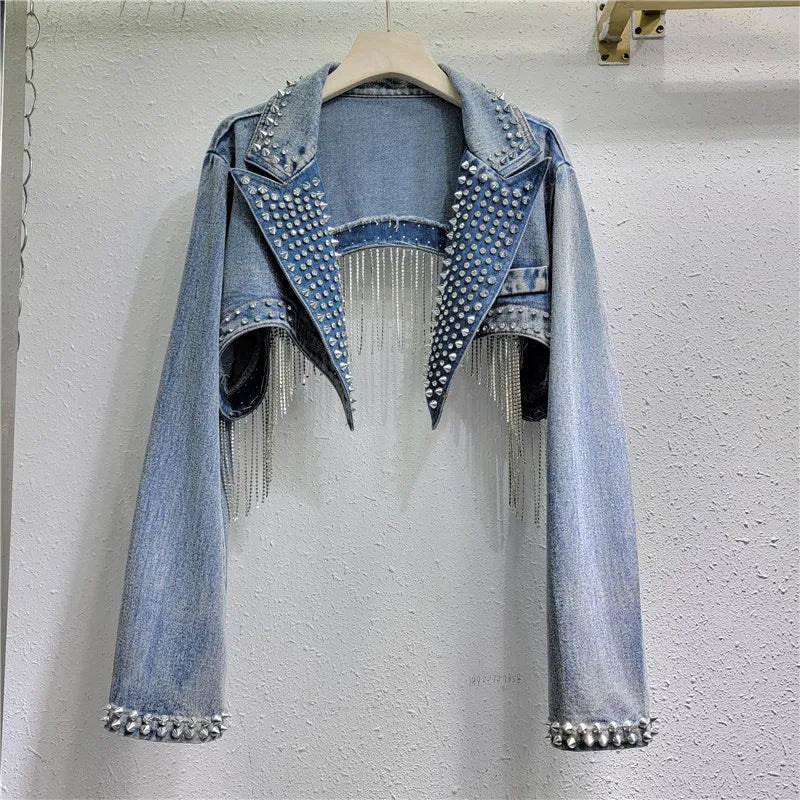 Diamonds Beaded Tassels Rivets Denim Jacket Retro High Waisted Crystal Fringed Backless Jeans Cowboy Coat
