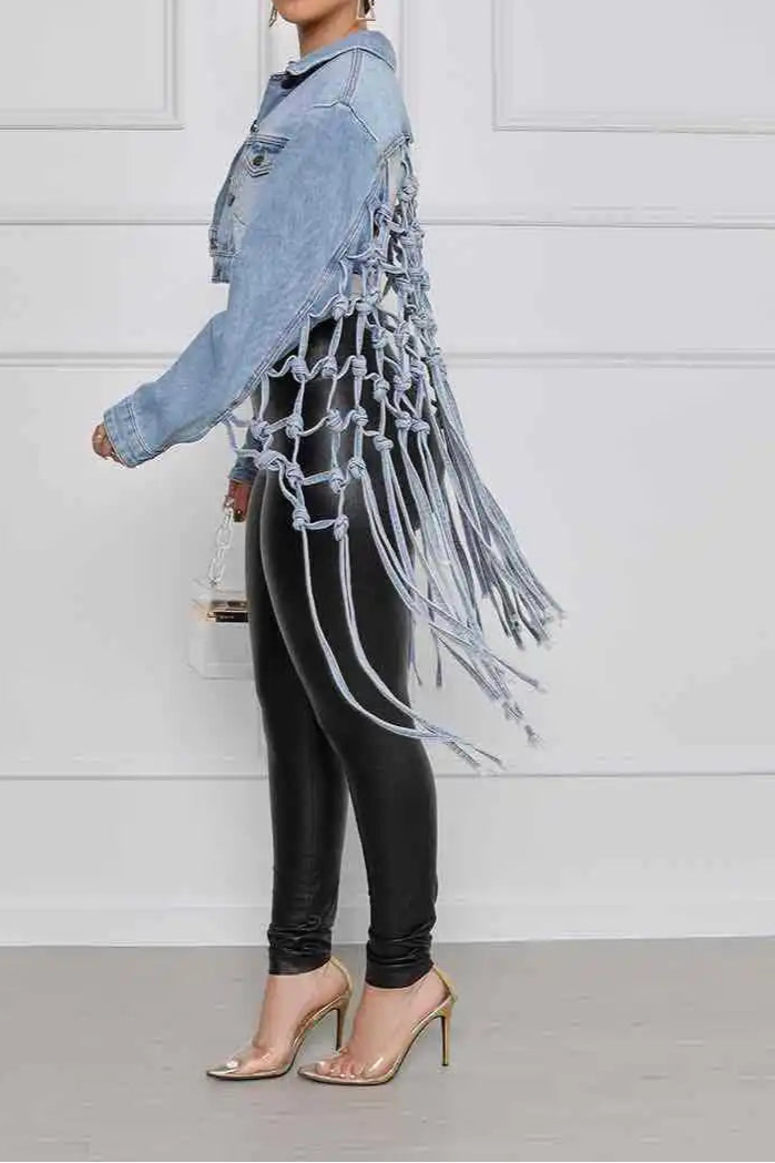 Women Denim Jacket Back Grid Fringe Personalized Jacket Coat