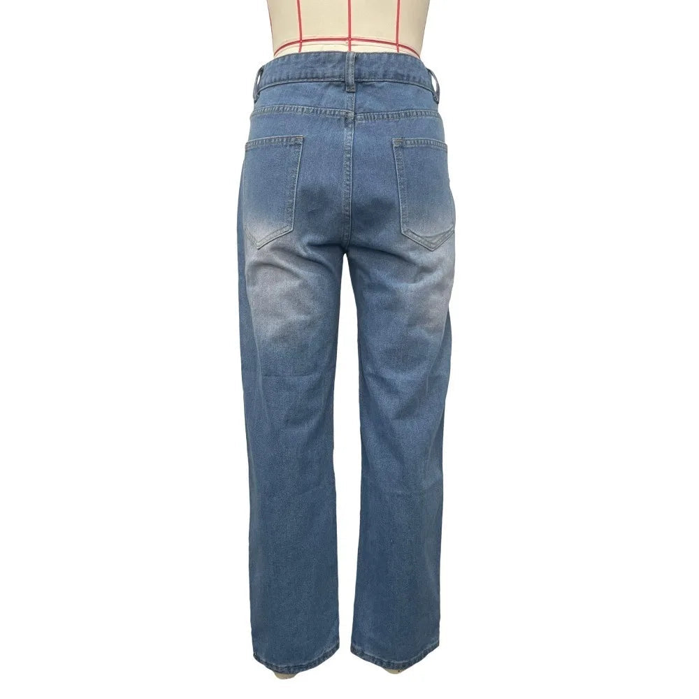 Diamond Splicing Loose Jeans Women High Waist Button Pocket Denim Trousers Casual Female Streetwear