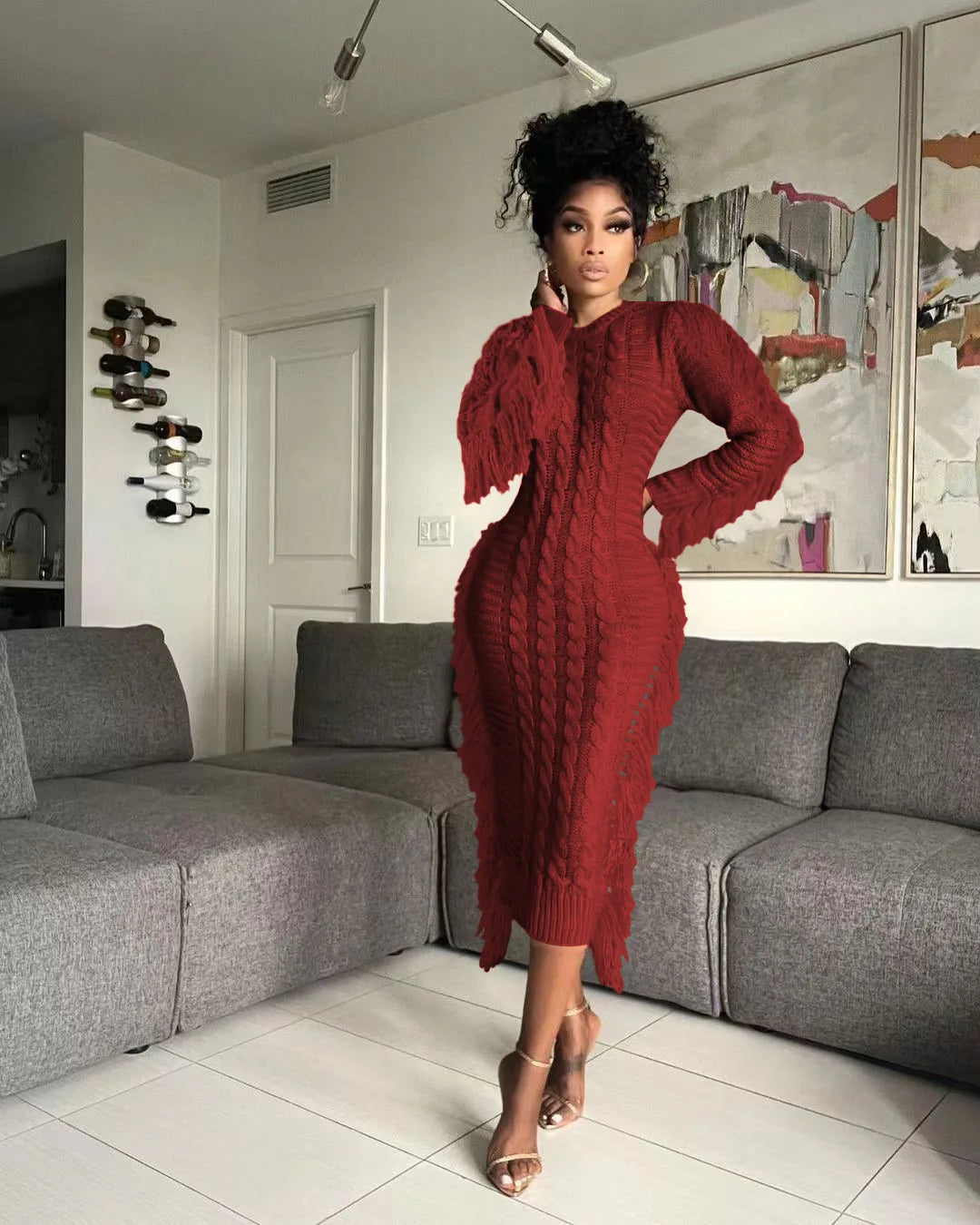 Women Long Sleeve Tassel Bodycon Midi Knit Dress O-neck Sweater Dress