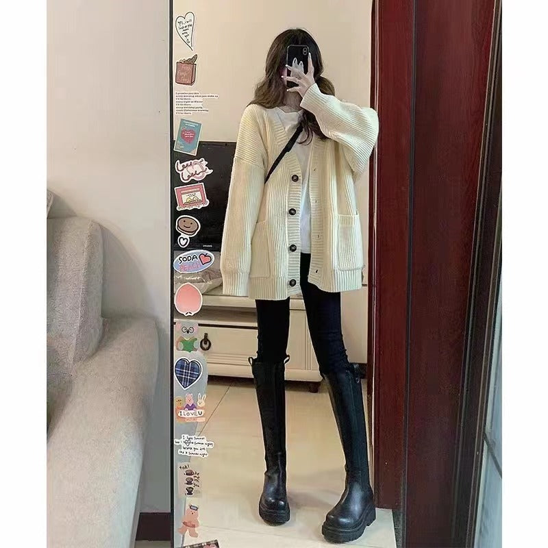Women Cardigan Long Sleeve V-neck Loose Knitted Sweater Cardigan